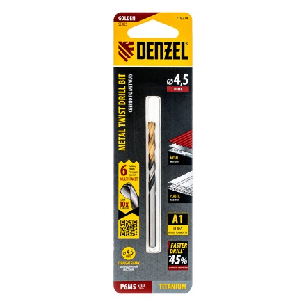 Сверло спиральное по металлу Denzel 4,5 x 80мм, Р6М5, Golden Tip, многогранная заточка 718274 купить в Нижневартовске