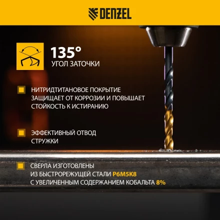 Набор сверл по металлу Denzel 723006, 1,5-6,5мм, Р6М5К8-TiN, Golden Tip, 13 шт купить в Нижневартовске