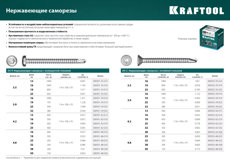 Нержавеющие саморезы DS-C с потайной головкой, коробка 300932-39-019 купить в Нижневартовске