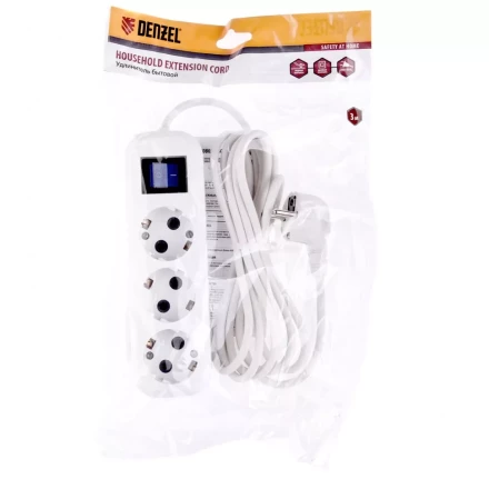 Удлинитель бытовой с заземлением и выключателем 3 м 3 розетки 10 A серия УХз10 Denzel 95971 купить в Нижневартовске