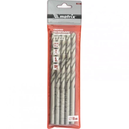 Сверло по металлу 10,0 х 184 мм полированное удлиненное HSS 5 штук цилиндрический хвостовик MATRIX 715100 купить в Нижневартовске