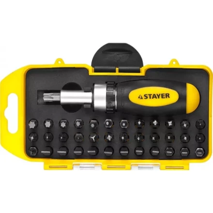 Отвертка реверсивная в наборе с битами, STAYER 2557-H38, Cr-V сталь, 38 предметов 2557-H38 купить в Нижневартовске