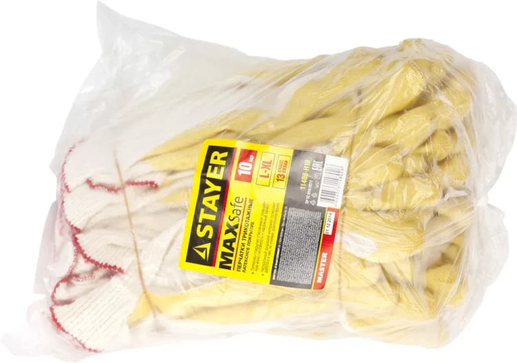 Перчатки STAYER "МASTER" MaxSafe трикотажные, обливная ладонь из латекса, х/б, 13 класс, L-XL, 10 пар 11408-H10 купить в Нижневартовске