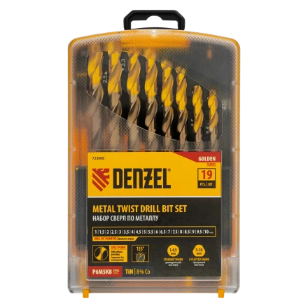 Набор сверл по металлу Denzel 723008, 1-10 мм, Р6М5К8-TiN, Golden Tip, 19 шт купить в Нижневартовске