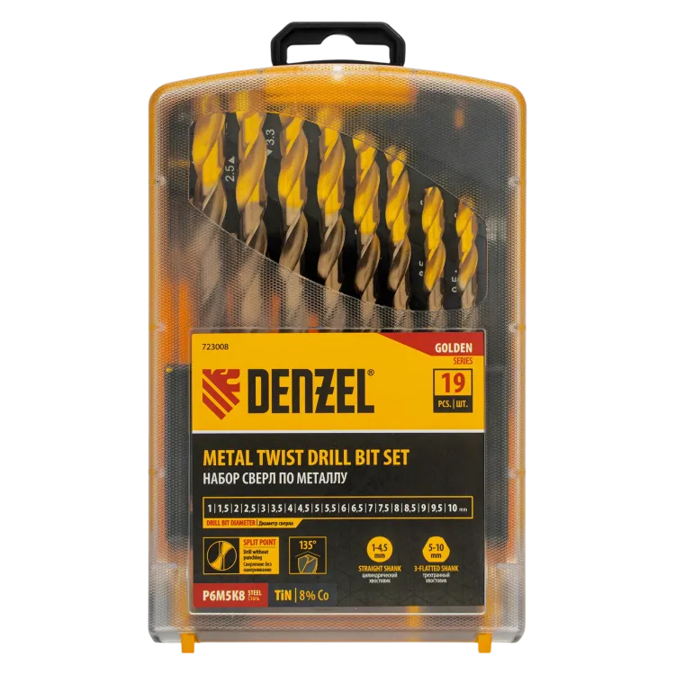 Набор сверл по металлу Denzel 723008, 1-10 мм, Р6М5К8-TiN, Golden Tip, 19 шт купить в Нижневартовске