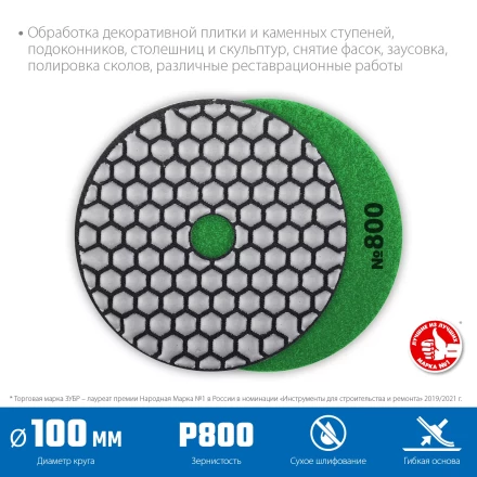 ЗУБР 100 мм, №800, сухое шлифование, алмазный гибкий шлифовальный круг АГШК, Профессионал (29868-800) купить в Нижневартовске
