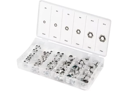Набор гаек М4 М5 М6 М8 М10 М12 самоконтрящиеся с нейлоновой вставкой 146 предметов СИБРТЕХ 47613 купить в Нижневартовске