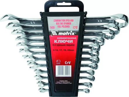Набор ключей комбинированных 6 - 22 мм 12 шт. CrV полированный хром MATRIX 15426 купить в Нижневартовске