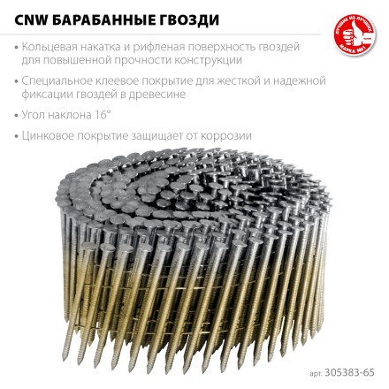 ЗУБР CNW 65 х 2.8 мм, барабанные гвозди рифленые оцинкованные, 6000 шт (305383-65) купить в Нижневартовске