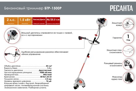 Триммер бензиновый Ресанта БТР-1500Р 70/2/36 купить в Нижневартовске