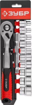 Набор ЗУБР "МАСТЕР": Торцовые головки (1/2") на пластиковом рельсе, трещотка, удлинитель, Cr-V, 10-24мм, 12 предметов 27647-H12 купить в Нижневартовске