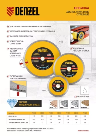 Диск алмазный отрезной Denzel 125 х 22,2мм, сплошной, супертонкий, горячий пресс, сухой/мокрый рез 73058 купить в Нижневартовске