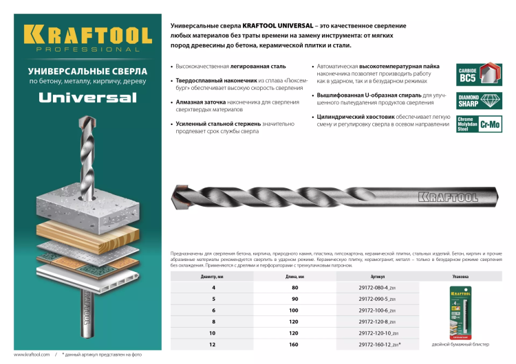 Сверло "UNIVERSAL" по бетону, металлу, дереву, KRAFTOOL PROFESSIONAL 29172-100-6, 6 х 100 мм 29172-100-6_z01 купить в Нижневартовске