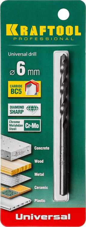 Сверло "UNIVERSAL" по бетону, металлу, дереву, KRAFTOOL PROFESSIONAL 29172-100-6, 6 х 100 мм 29172-100-6_z01 купить в Нижневартовске