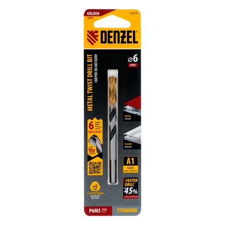 Сверло спиральное по металлу 6 x 93мм, Р6М5, Golden Tip, многогранная заточка Denzel 718278 купить в Нижневартовске