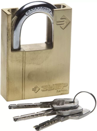 Замок ЗУБР "ЭКСПЕРТ" навесной, латунный корпус, закаленная дужка, с дополнительной защитой, 60мм 37297-60 купить в Нижневартовске