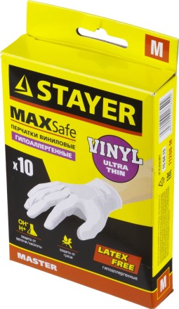 Перчатки STAYER &quot;MASTER&quot; виниловые экстратонкие, M, 10шт 11208-M купить в Нижневартовске