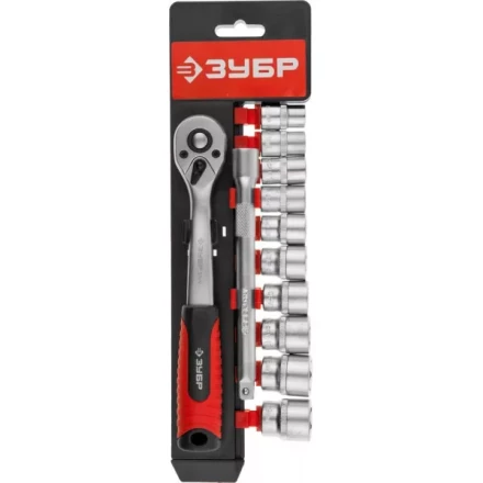 Набор ЗУБР "МАСТЕР": Торцовые головки (3/8") на пластиковом рельсе, трещотка, удлинитель, Cr-V, 10-19мм, 12 предметов 27646-H12 купить в Нижневартовске