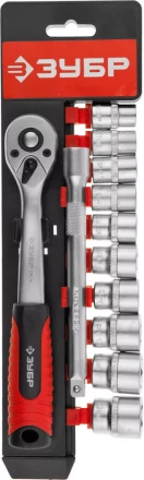 Набор ЗУБР "МАСТЕР": Торцовые головки (3/8") на пластиковом рельсе, трещотка, удлинитель, Cr-V, 10-19мм, 12 предметов 27646-H12 купить в Нижневартовске