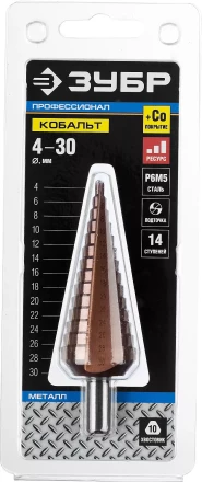 Сверло ЗУБР "КОБАЛЬТ" ступен. по сталям, цв.мет.ст.Р6М5 с кобальт.покрыт.d4-30 мм,14ст.d4-30, L-100мм, трехгр.хв. 10мм 29672-4-30-14 купить в Нижневартовске