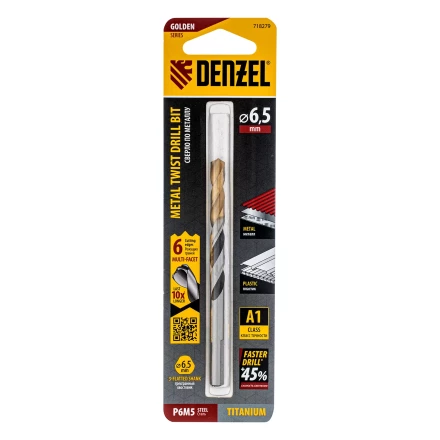 Сверло спиральное по металлу Denzel 6,5 x 93мм, Р6М5, Golden Tip, многогранная заточка, 718279 купить в Нижневартовске
