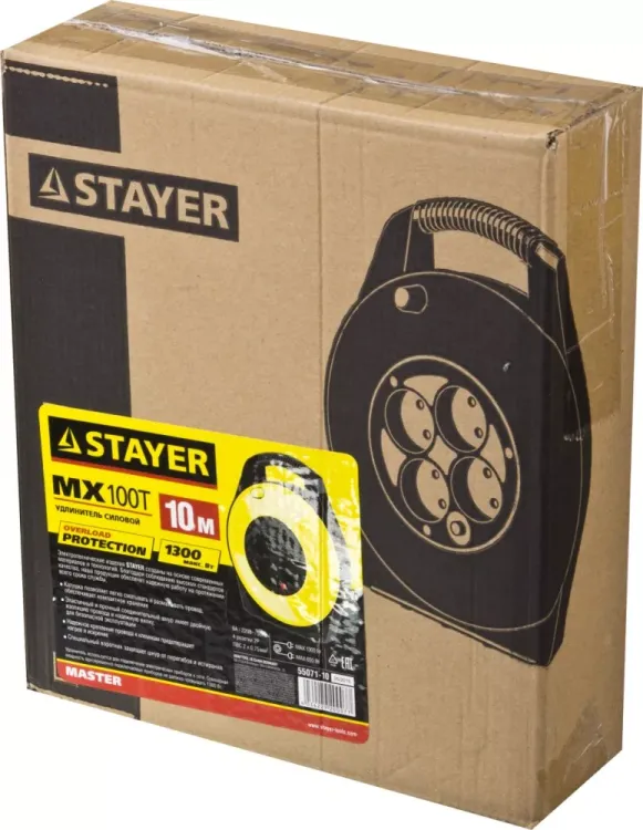 Удлинитель на катушке "MX100T", 10 м, 4 гнезда, ПВС 2x0,75 кв мм, 1300 Вт, STAYER 55071-10 купить в Нижневартовске