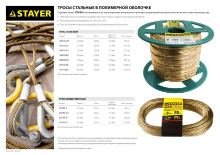 Трос хозяйственный STAYER &quot;MASTER&quot;, стальной в полимерной оболочке, 20 метров, 2,0мм 50145-2 купить в Нижневартовске