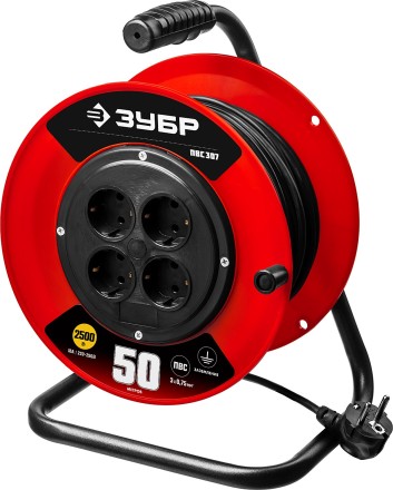 Удлинитель на катушке &quot;ПВС 307&quot;, 50 м, 2500 Вт, 4 гнезда, ПВС 3х0,75 кв мм, ЗУБР 55083-50 купить в Нижневартовске