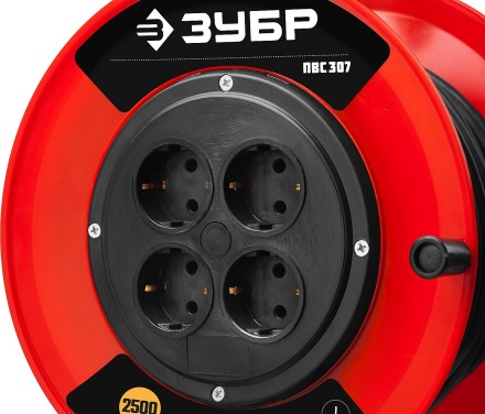 Удлинитель на катушке &quot;ПВС 307&quot;, 50 м, 2500 Вт, 4 гнезда, ПВС 3х0,75 кв мм, ЗУБР 55083-50 купить в Нижневартовске