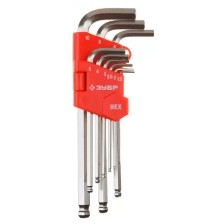 Набор ЗУБР Ключи "МАСТЕР" имбусовые длинные с шариком, Cr-V, сатинир. покрытие, пластик. держатель, HEX 1,5-10мм, 9 пред 27461-2_z02 купить в Нижневартовске