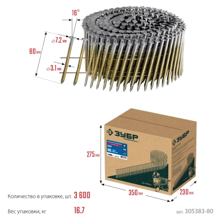 ЗУБР CNW 80 х 3.1 мм, барабанные гвозди рифленые оцинкованные, 3600 шт (305383-80) купить в Нижневартовске
